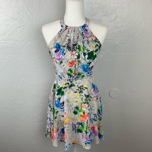 Express Dresses & Skirts - Express Neon Floral high neck skater mini dress 4